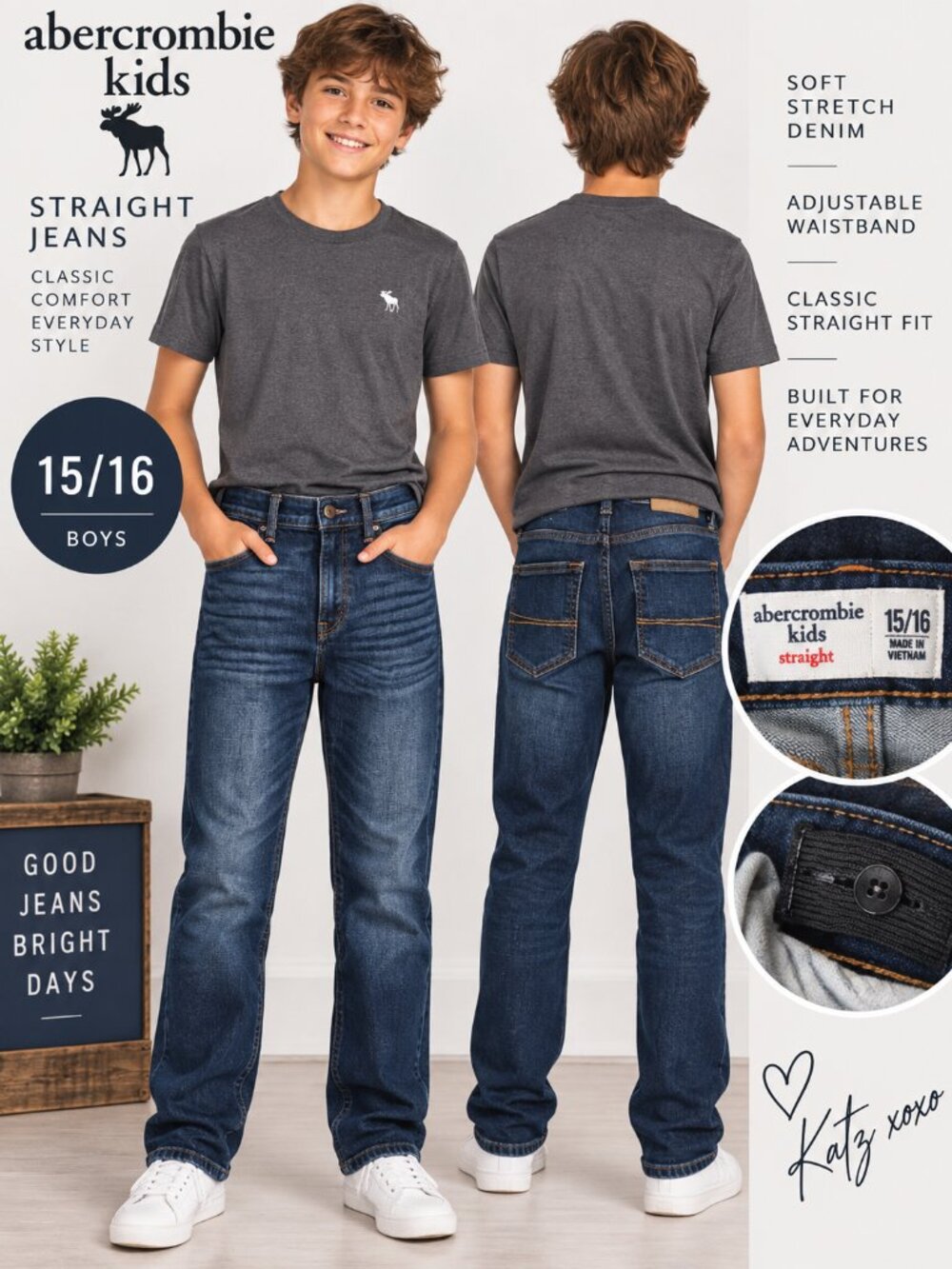 Abercrombie Kids Boys 15 16 Straight Jeans Dark Wash Stretch Adjustable Waist